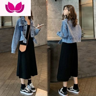 七斓大码2023春季新款显瘦连衣裙套装女胖妹妹宽松牛仔外套洋气套 针织棉裙子 4XL建议180-200斤穿