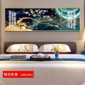 现代床头横版一整幅装饰画卧室背景墙免打孔挂画北欧温馨轻奢壁画 梅花奔鹿（金色边框） 40*80cm晶瓷画(晶瓷工_422