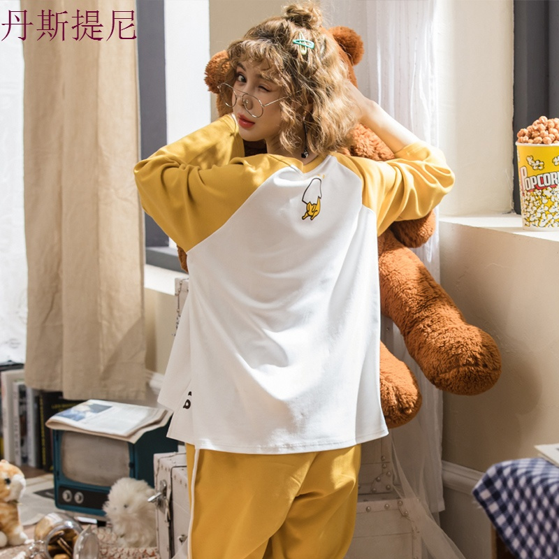 睡衣女秋长袖套装薄款纯棉圆领长裤可爱春秋季可外穿两件套家居服