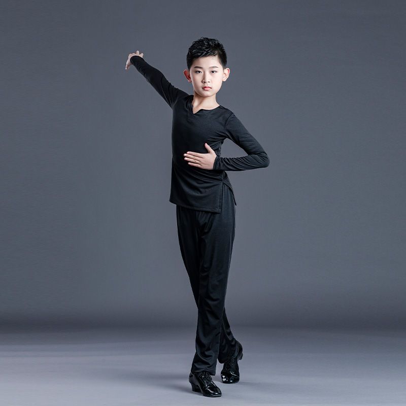 男童男孩拉丁舞服装套装少儿男练功服男生比赛服装春夏季演出服装黑色