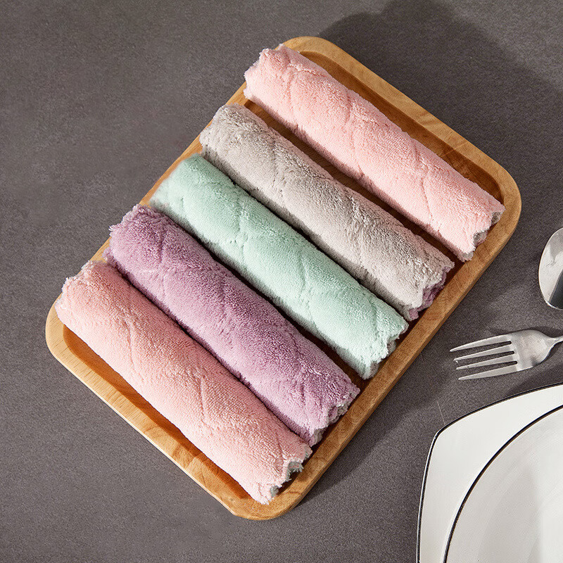 丽佳邦珊瑚绒抹布双色抹布双面加厚吸水懒人抹布百洁布厨房不沾油洗碗布 30*30cm 5条装