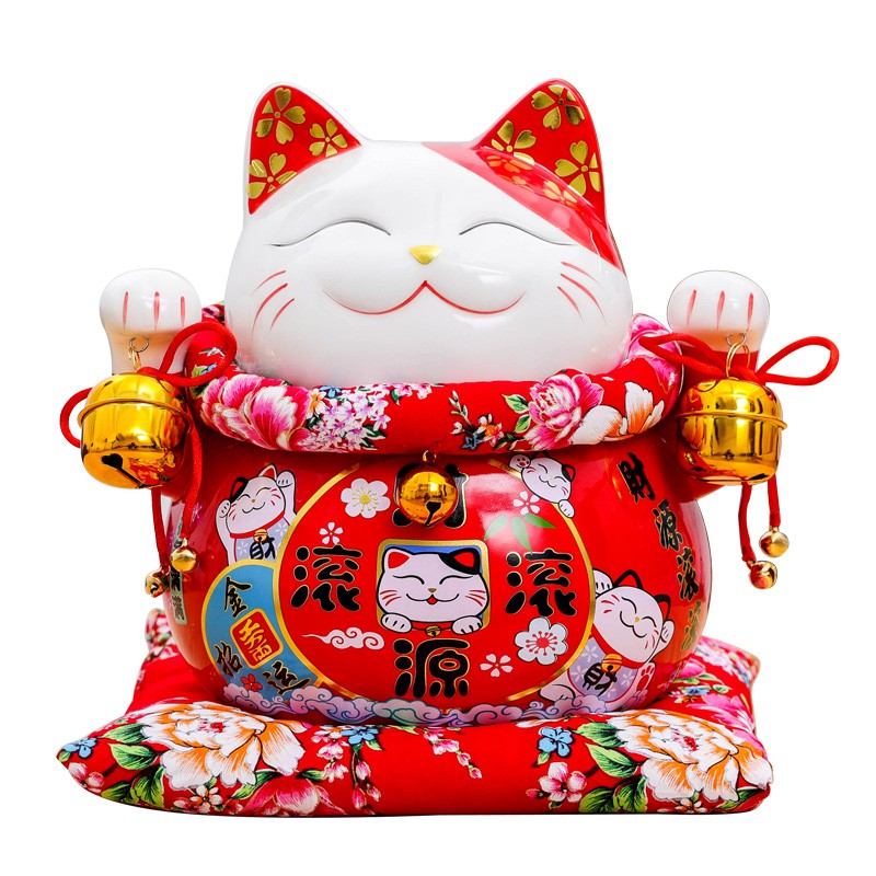 摆件 开业店铺收银台 红色发财猫存钱罐 二维码摆台 木吊牌 三维工匠 10寸大号财源滚滚+二维码木牌猫高清大图