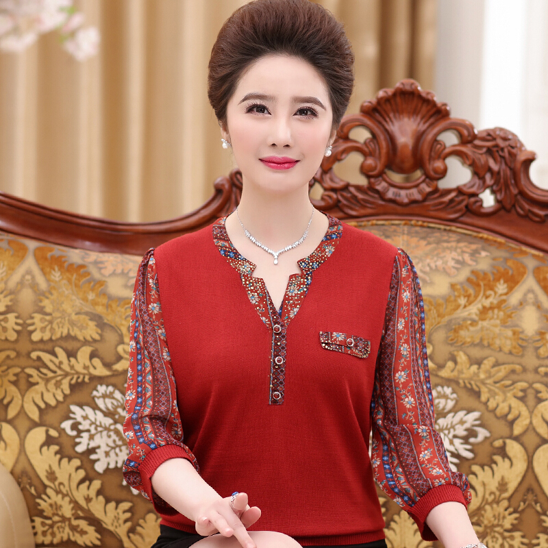 中老年女装春装七分袖T恤妈妈装针织衫上衣春秋装薄款女士打底衫红色L建议95-110斤穿