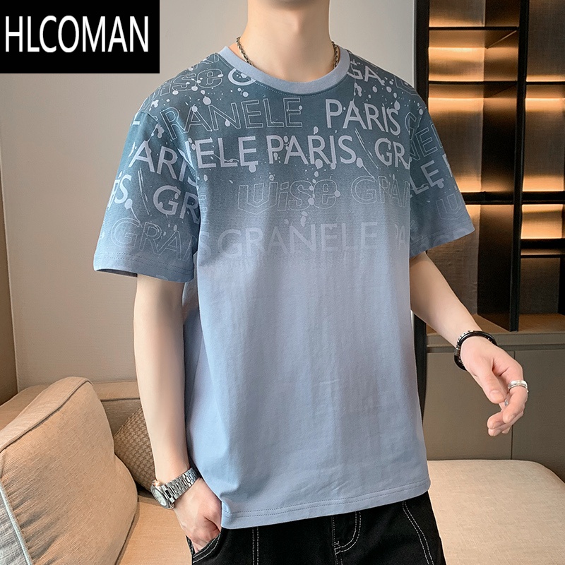 HLCOMAN短袖男士夏季薄款上衣服休闲潮流宽松圆领半袖青少年男生t夏 2XL 120雾霾蓝
