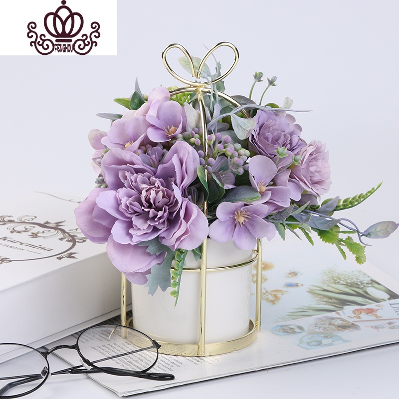 封后薇艺陶瓷花盆ins风北欧创意简约花器金属落地式花架多肉植物盆景栗雅紫含仿真花成品中等花盆容器参数配置 规格 性能 功能 苏宁易购