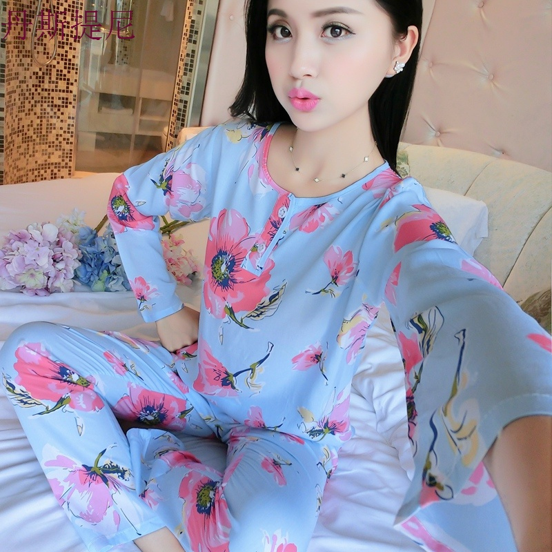 棉绸睡衣女春秋长袖绵绸家居服套装月子夏人造棉薄款甜美可爱韩版