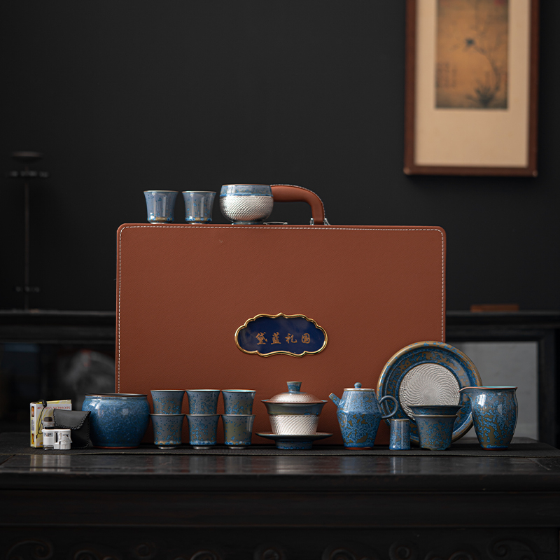 苏氏陶瓷(SUSHI CERAMICS)国礼蓝黛鎏银美人壶盖碗大套装功夫茶具非遗大师郑文强作品