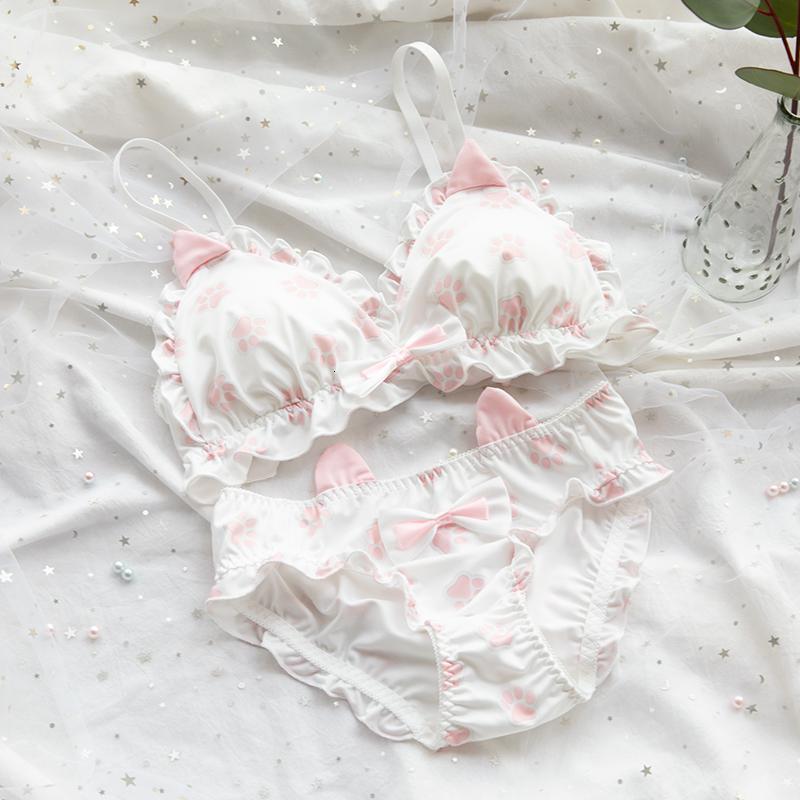 suntek日系软妹文胸套装萝莉可爱猫咪猫爪胸罩牛奶丝无钢圈三角杯内衣