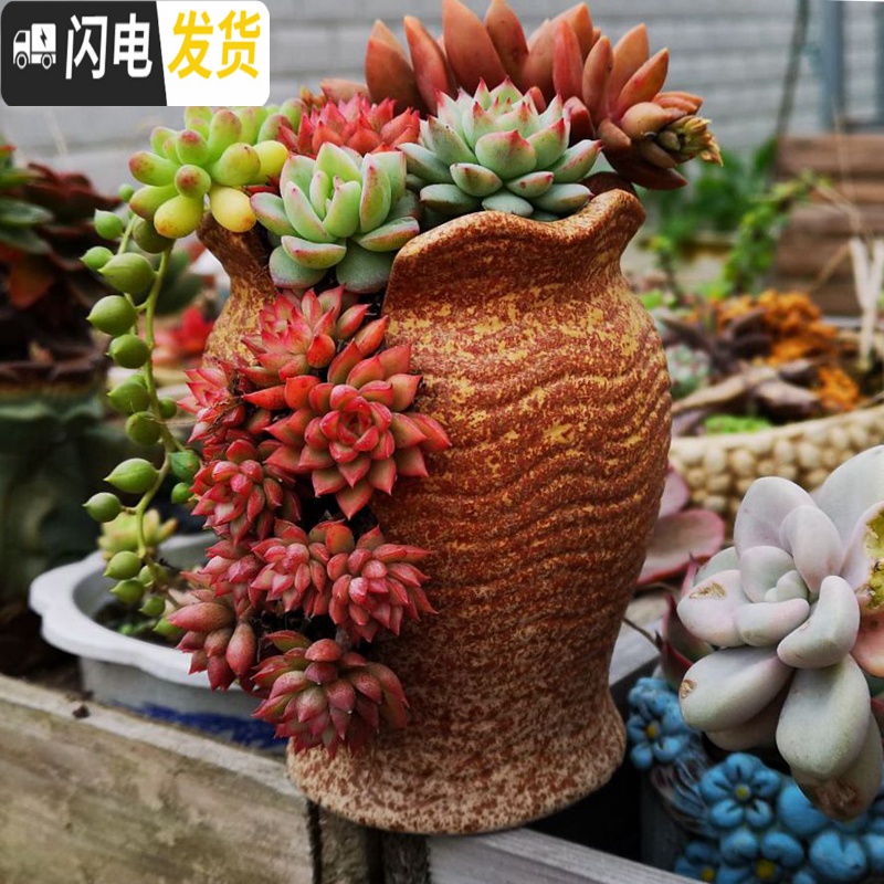 三维工匠复古创意个性多肉悬崖老桩高花盆缺口造型控型盆陶瓷绿植老庄花器 浅蓝多口盆不含花 中等花盆容器高清大图