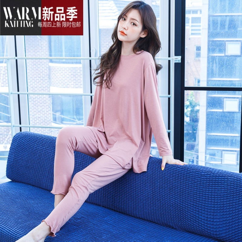 SHANCHAO睡衣女款夏长袖莫代尔棉带胸垫套装大码宽松薄款套可外穿
