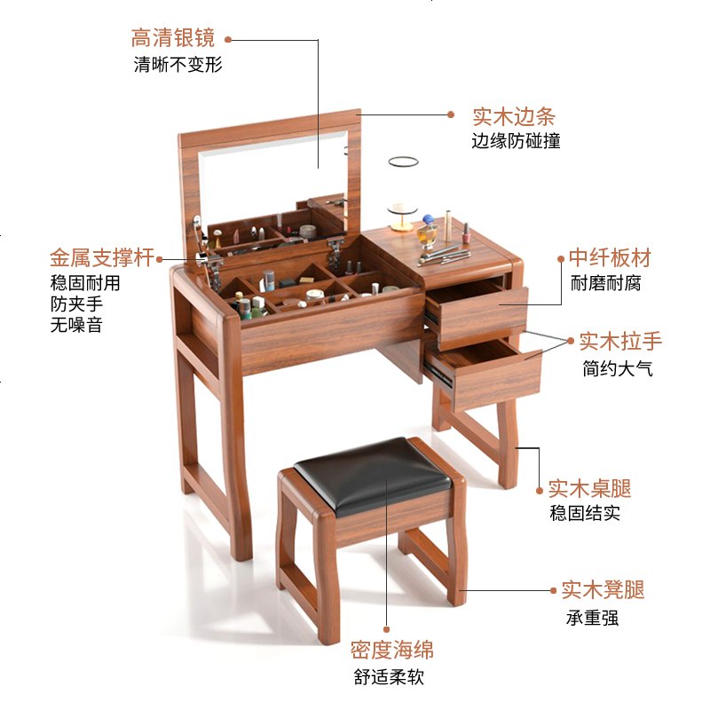 北欧实木梳妆台现代简约小户型化妆台卧室经济型多功能翻盖化妆桌高清大图