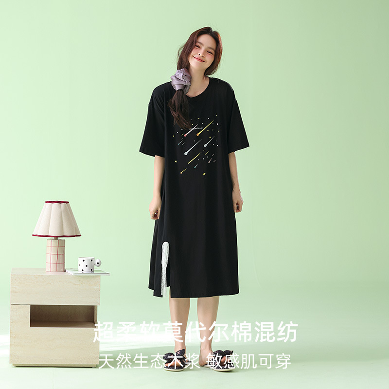 米奇喵[超柔软]夏季薄款莫代尔棉睡裙女宽松流星印花中长款裙子可外穿 流星印花睡裙 尺码备注高清大图