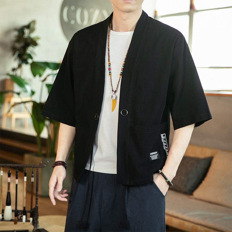 yuansu秋季披风男古风汉服短袖唐装休闲宽松男士中国风道袍薄款短款