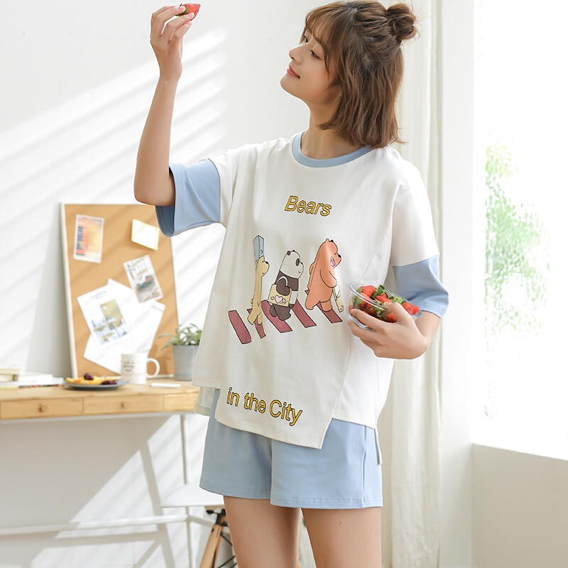 睡衣女夏纯棉短袖韩版宽松薄款甜美可爱居家服短裤可外穿家居服白色