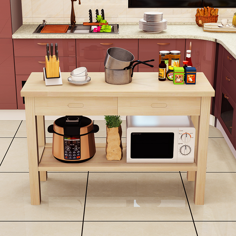 汐岩定制实木厨房切菜桌家用实木桌子带抽屉厨房作台小户型储物桌 110*45*80（原木清漆双抽屉）