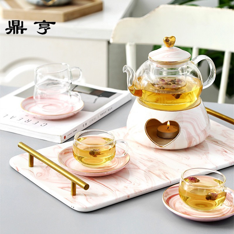 鼎亨北欧丹麦大理石花茶壶水果茶壶套装耐热陶瓷玻璃煮茶具花茶养