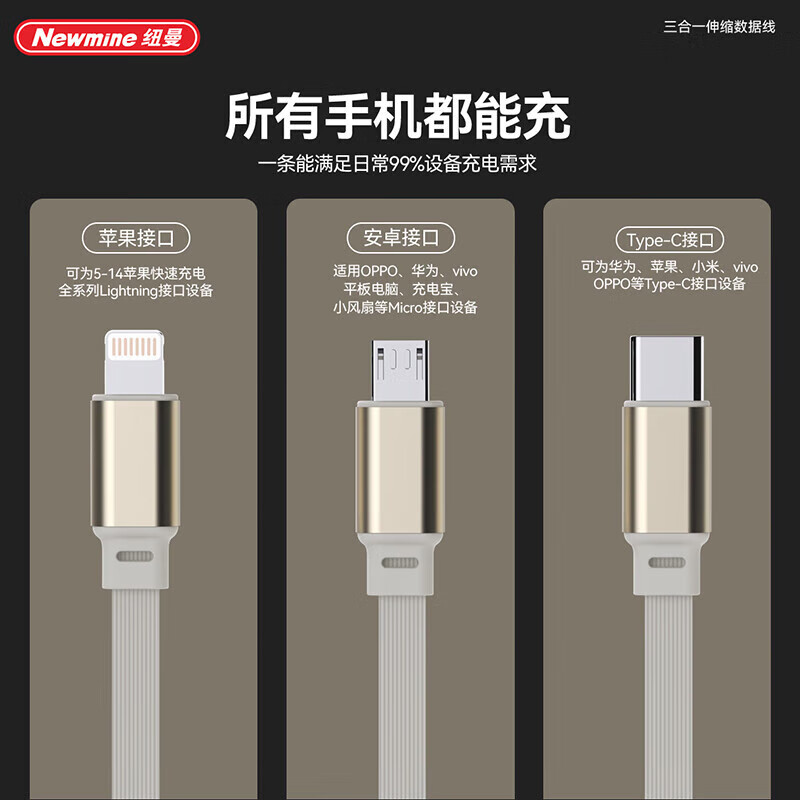 纽曼(Newmine)数据线 三合一伸缩快充线 支持三设备同时充电 XS22(影)高清大图