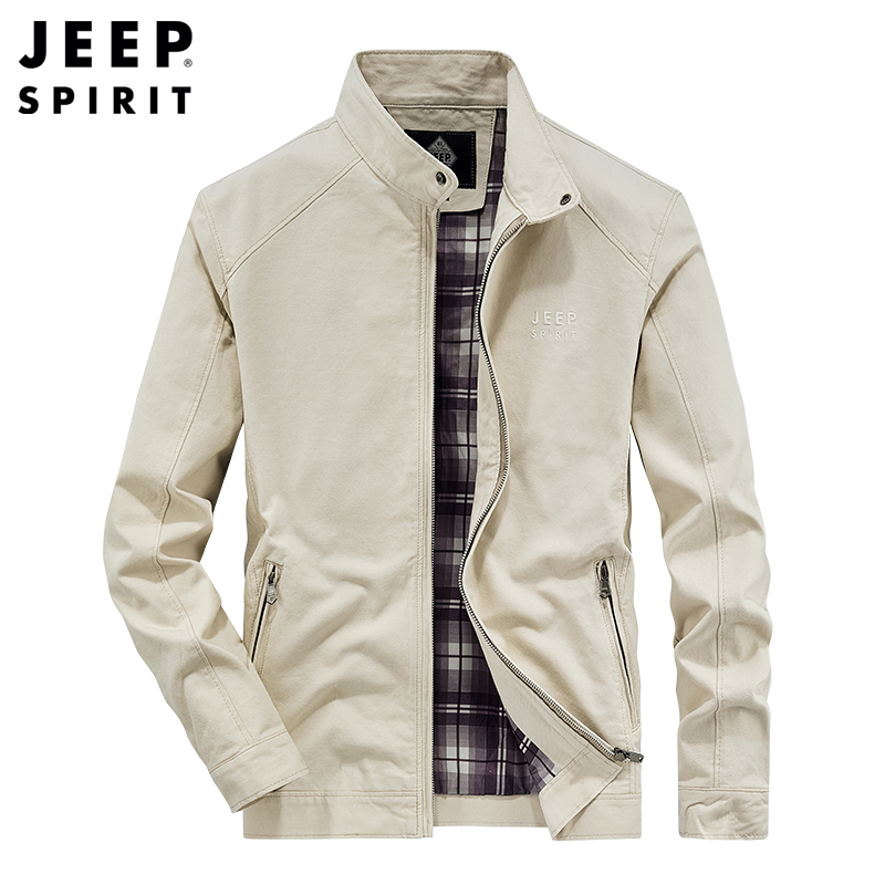 JEEP SPIRIT吉普春秋新款男士夹克纯棉工装户外轻便立领外套简约潮款防风上衣