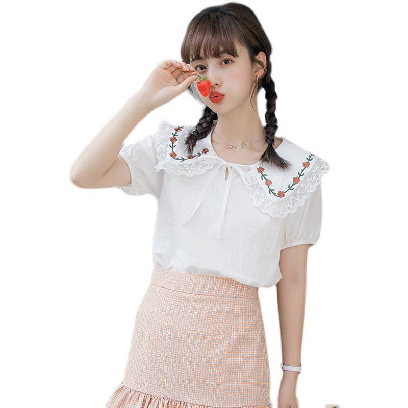 2022夏日系带森女刺绣韩版修身显瘦甜美短袖宽松衬衫女