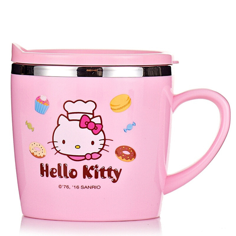 HelloKitty凯蒂猫不锈钢儿童单柄饮水杯宝宝喝水杯200ml白色3个月以上婴儿训练饮水杯带手柄3722