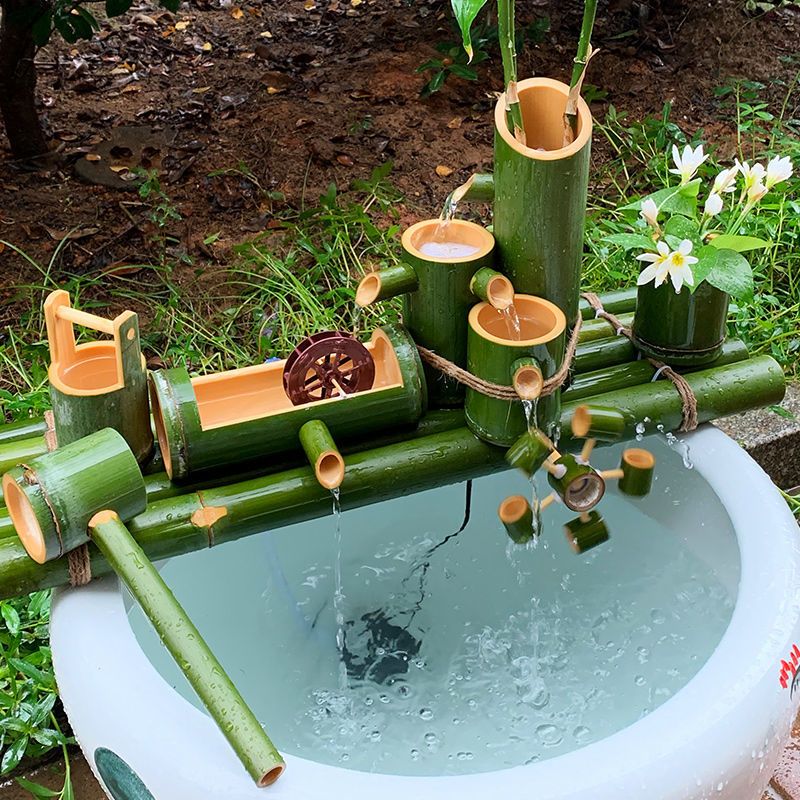 g款不带轮 竹排长30cm整套 招财竹子流水器过滤器竹筒摆件陶瓷鱼缸