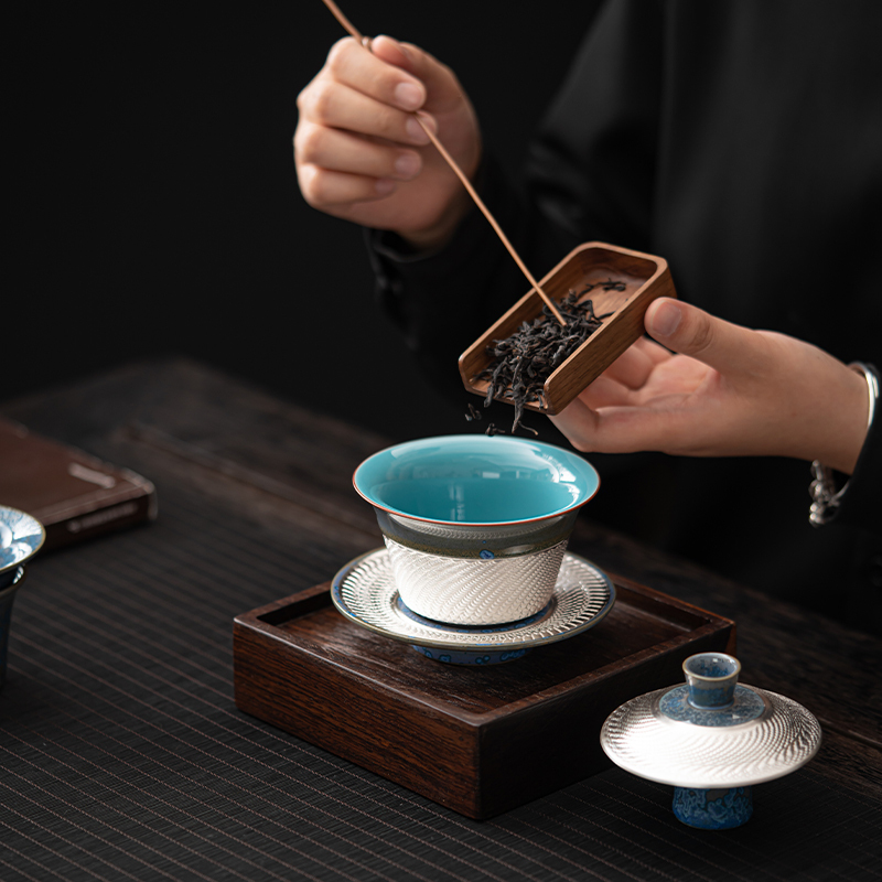 苏氏陶瓷(SUSHI CERAMICS)国礼蓝黛鎏银三才盖碗大套组功夫茶具非遗大师郑文强作品