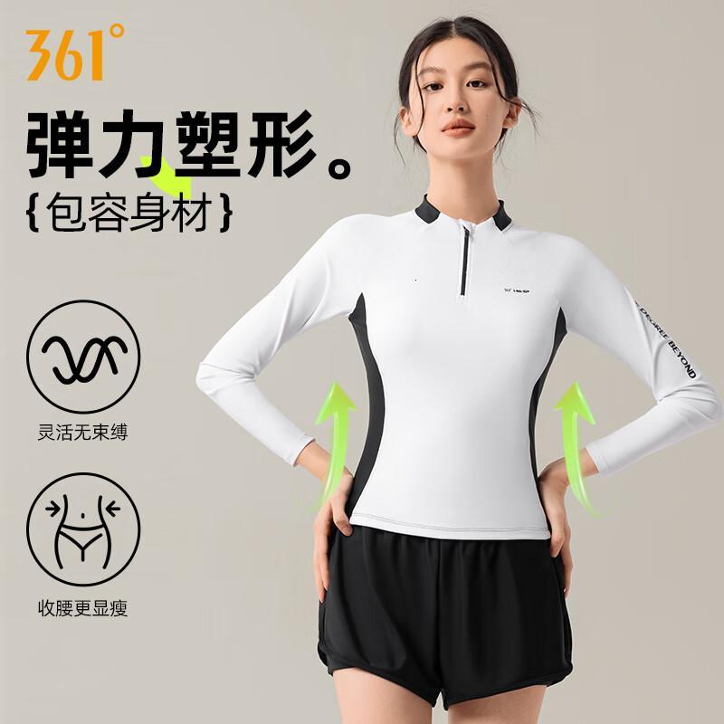 361°游泳衣女士分体长袖防晒保守泡温泉套装潜水冲浪服 黑白色 L (身高160-165cm,重95-105)