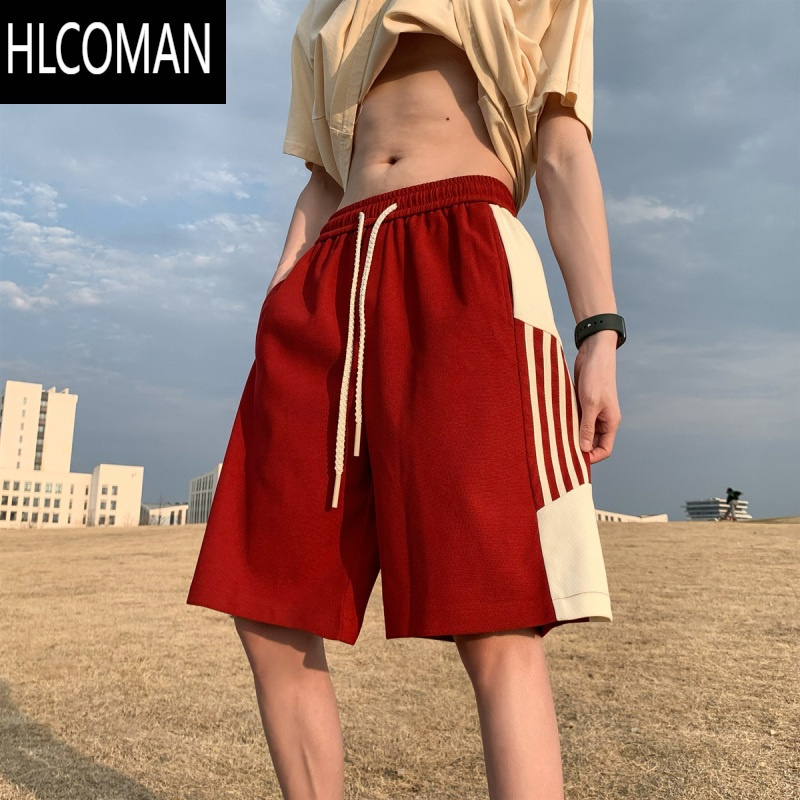 HLCOMAN侧织带撞色红色休闲短裤男夏季加肥加大码潮流胖人宽松直筒五分裤