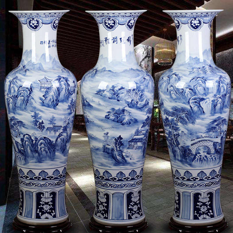 景德镇陶瓷大花瓶手绘青花山水新房乔迁客厅酒店装饰落地摆件 三维工匠 锦绣山河1.2米高清大图