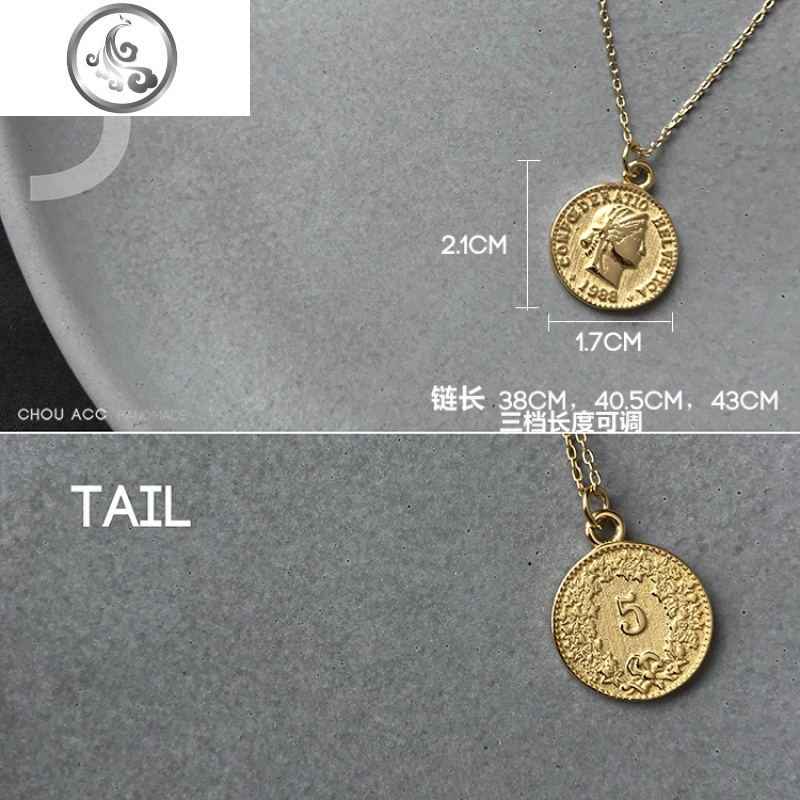 通体S925纯银INS简约复古浮人像金币硬币CHIC锁骨项链毛衣链女 JiMi高清大图