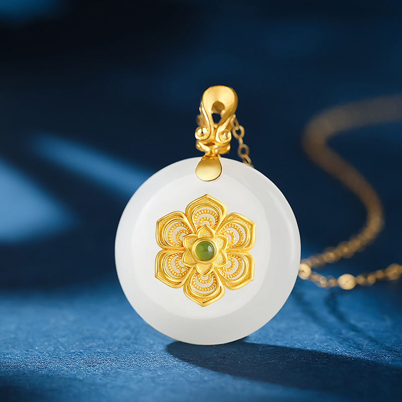 印象眸古法传承系列足金镶和田玉吊坠黄金镶羊脂白玉平安扣女款玉石