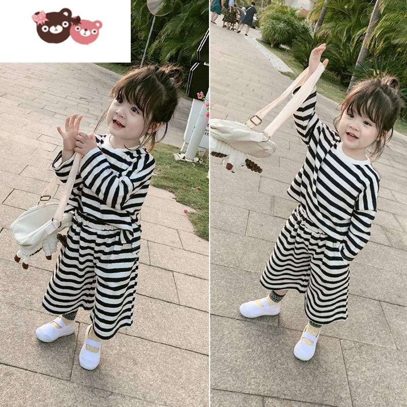 绿彩虹光2022春夏童装儿童套装韩版女童网红条纹阔腿裤宝宝两件套6892
