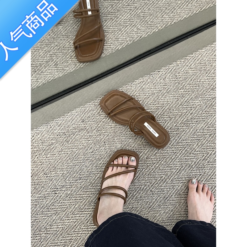 SUNTEK仙女风夏季两穿细带低跟拖鞋女外穿新款一字带简约配裙子罗马凉鞋高清大图