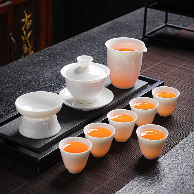 拓牌10头亮光羊脂玉瓷吉祥杯(盖碗)