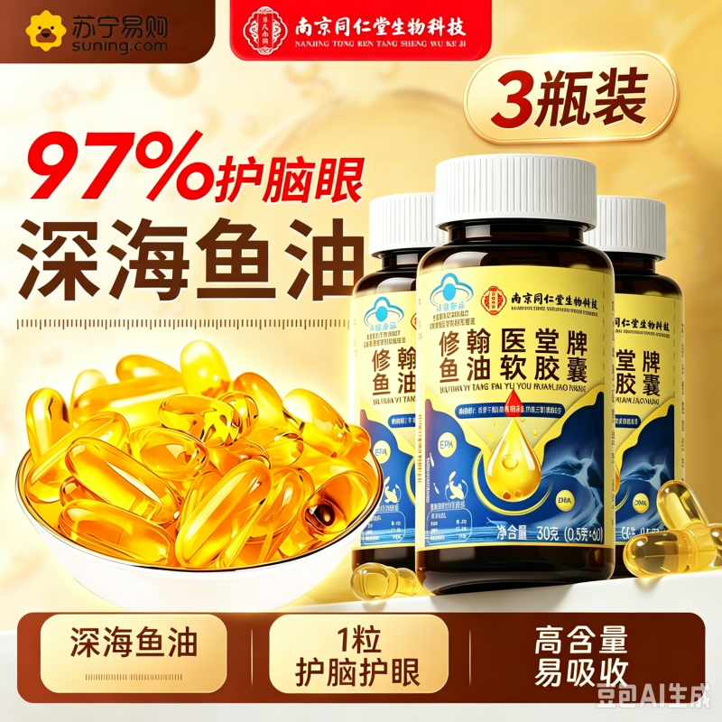 [3瓶周期][同仁堂鱼油软胶囊高浓度深海人用成人高纯度浓缩中老年人蓝帽子保健正品官方旗舰店高清大图