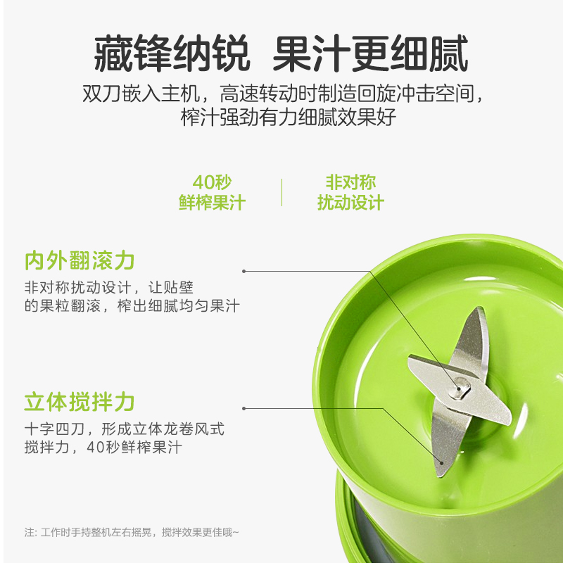 格力（GREE）便携充电式榨汁杯电动搅拌榨汁机小型迷你果汁杯家用水果机随身果汁机 BP-3001Z 绿色高清大图
