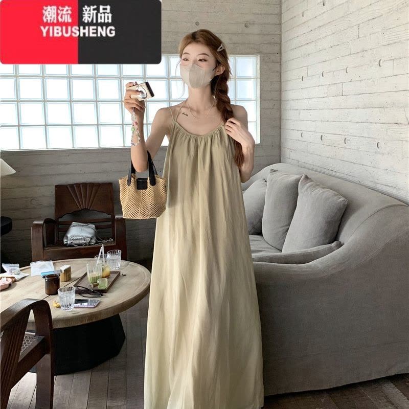 YIBUSHENG白色露背挂脖吊带连衣裙女泰国穿搭海边度假沙滩无袖长裙小个子图片