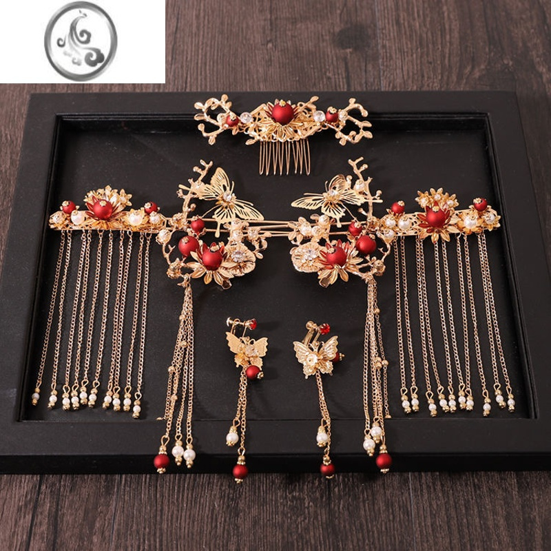 jimi中式新娘秀禾头饰简约凤冠大气秀禾服红色步摇结婚禾服发饰显脸小