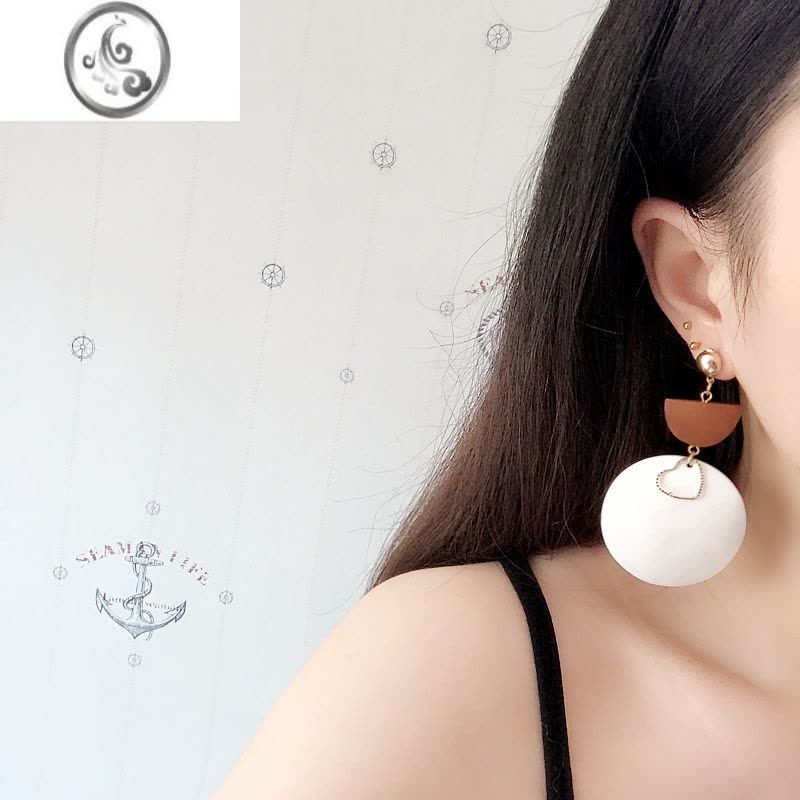JiMiBY简约气质贝壳圆片耳环镂空长款耳坠耳钉无耳洞耳夹配饰品图片