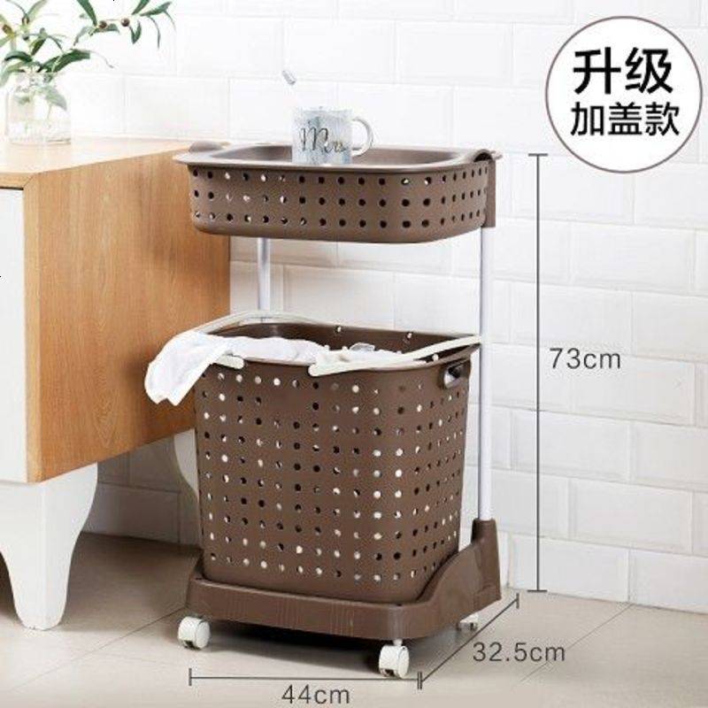 日式脏衣篮塑料洗衣篮手提篮大号装脏衣服收纳筐脏衣桶脏衣篓带轮 两层咖啡色升级款(带盖子)）图片