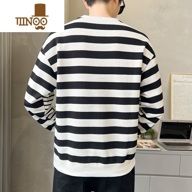 YANXU条纹卫衣男士2023春装新款打底衫潮牌圆领长袖加绒加厚上长高清大图