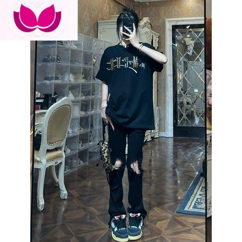 七斓黑色膝盖破洞牛仔裤男女夏薄款高街vibe风休闲微喇叭直筒裤ins潮