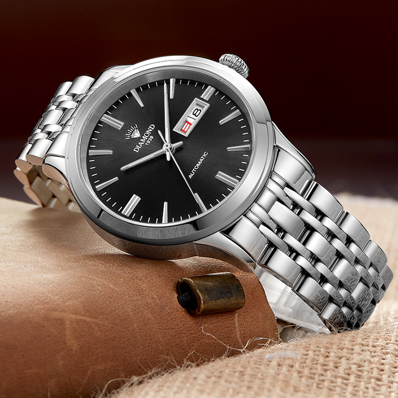 上海钻石牌（DIAMOND)手表机械表男表全自动大表盘日历精钢8030男士机械表DA-8030G钻石手表黑面白钢高清大图
