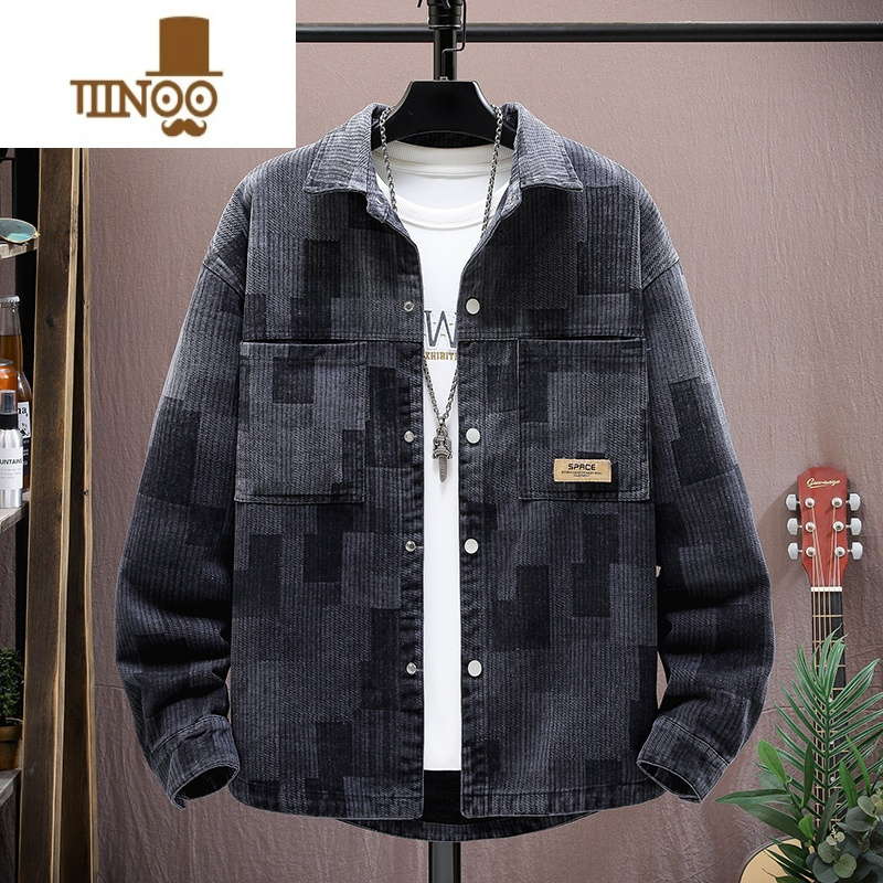 YANXU长袖牛仔衬衫外套男潮牌宽松民族风工装印花夹克休闲上衣服