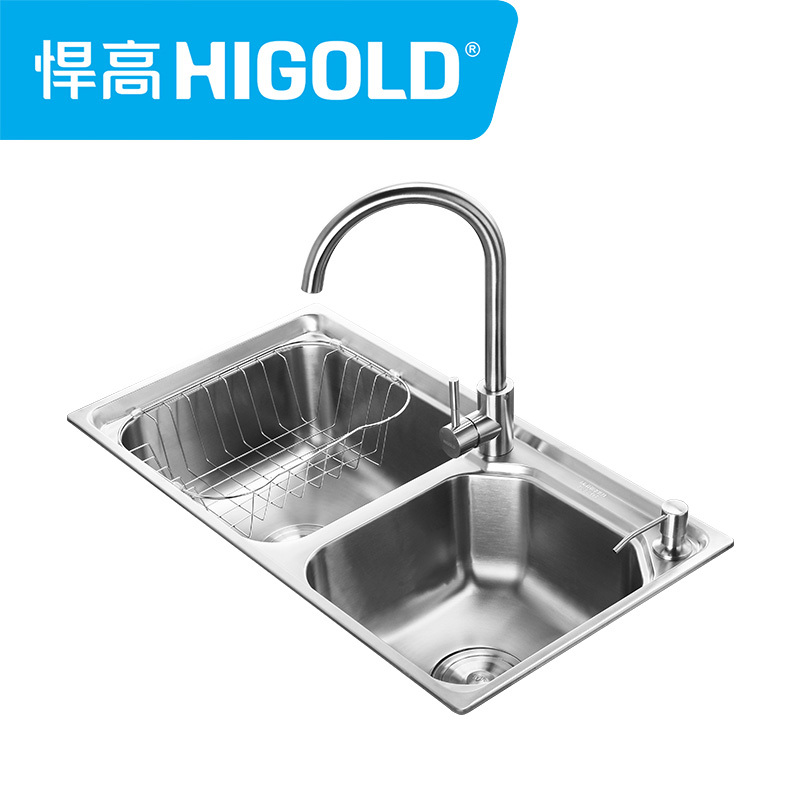 HIGOLD/悍高 304不锈钢水槽双槽套装 厨房洗菜盆 洗碗水池 厨盆加厚拉丝不锈钢水槽套餐