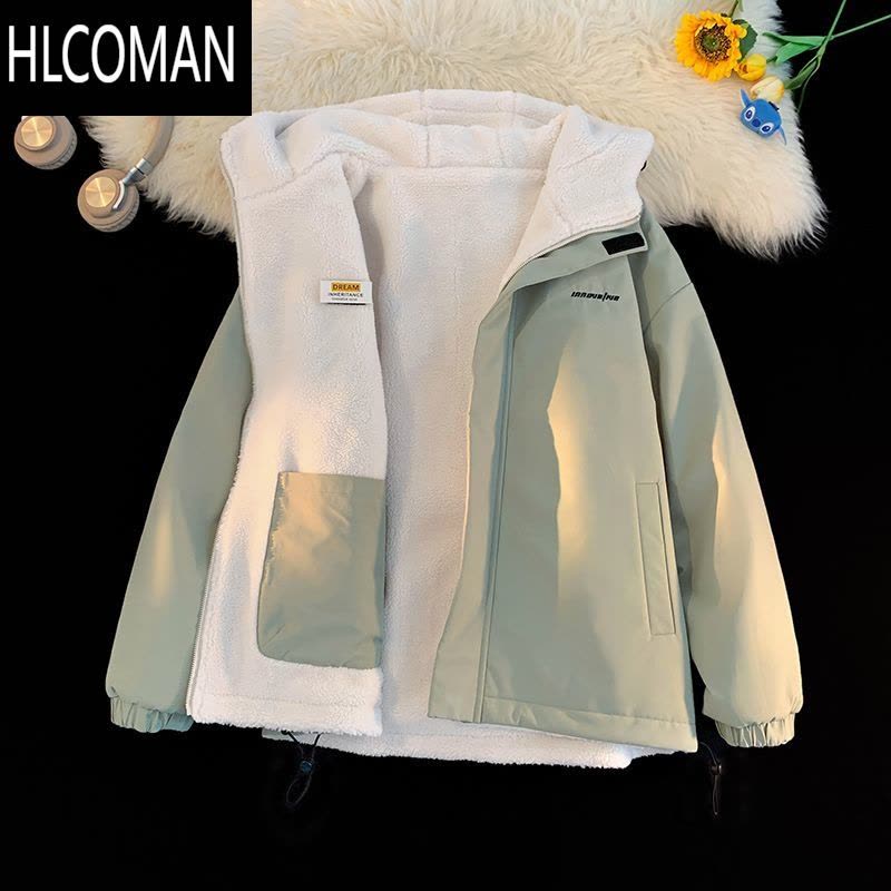 HLCOMAN双面穿羔绒棉衣外套男女冬季休闲宽松百搭情侣加绒p暖显瘦棉袄图片