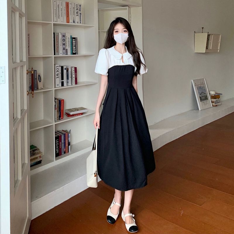 美动态大码女装泡泡袖拼接假两件连衣裙女新款系带收腰百褶裙