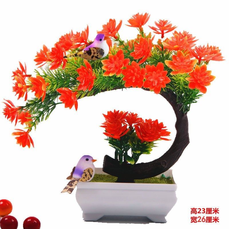 买花送盆送2鸟假花仿真花装饰客厅玄关摆件塑料花盆栽酒柜|孔雀花夕阳红[方盆]送2只鸟