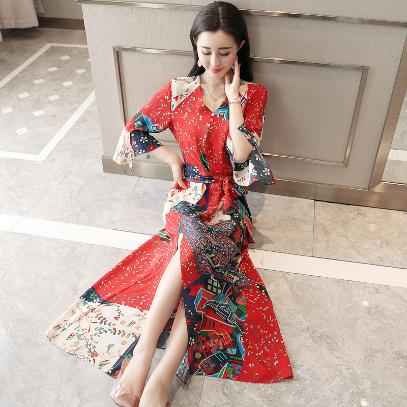 女士新品女装夏装中袖欧美时尚气质名媛小个子印花雪纺连衣裙潮