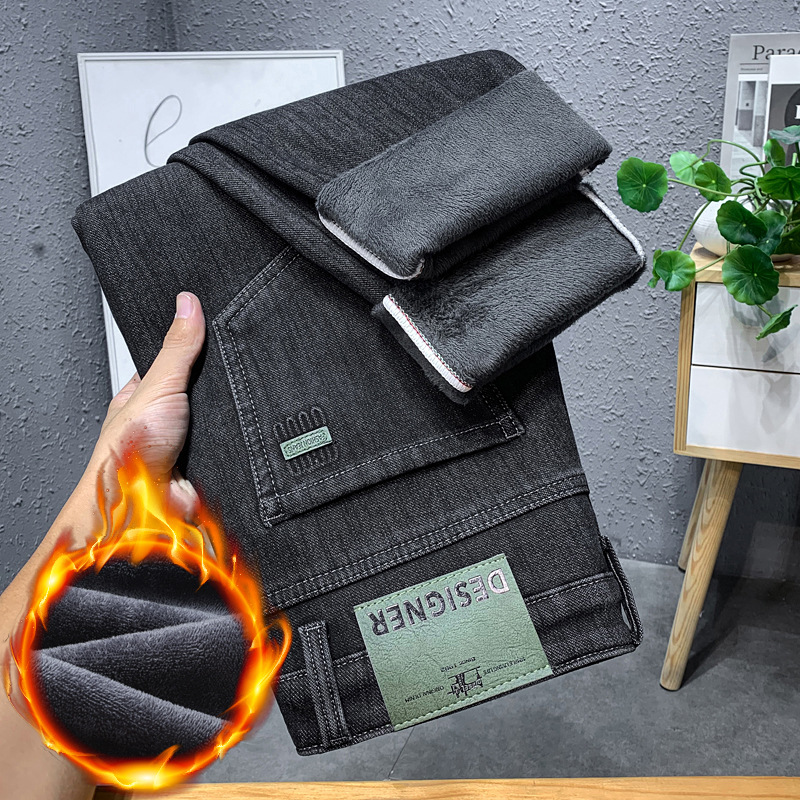 北方加绒牛仔裤男士潮牌刺绣百搭直筒裤男冬季品质舒适裤男式